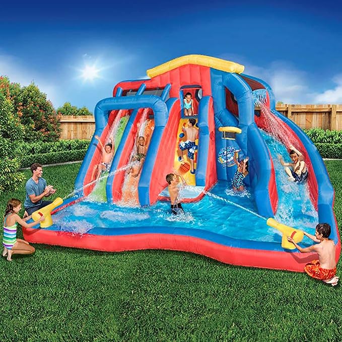 Banzai Hydro Blast Inflatable Backyard Water Slide Park for Ages 5+, Blue/Red – Outdoor Bouncy Play with Wall Climbing, Basketball Hoop, Cannons, and Lagoon Pool