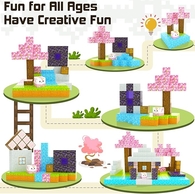 Coodoo Magnetic Blocks - Build Mine Magnet World Cherry Blossom Set, Magnetic Tiles Building STEM Toys for Boys & Girl Kids Toddler Toys for 3+ Years Old