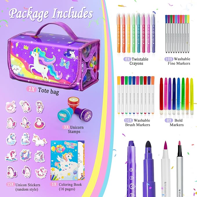 56 PCS Washable Scented Markers Set with Glitter Pencil Case, Mermaid Unicorn Arts and Crafts for kids 4-6-8 Kids Coloring Drawing Kits for 4-8 Years Old Girls Birthday Gifts