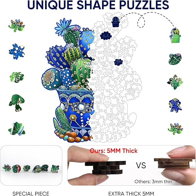 Delobil Puzzles for Adults 500 Pieces, Cactus Jigsaw Puzzles, Unique Shaped Flowers Wooden Puzzles for Adults and Kids, Family Game for Plant Lovers, 14.3 x 18.5 Inches