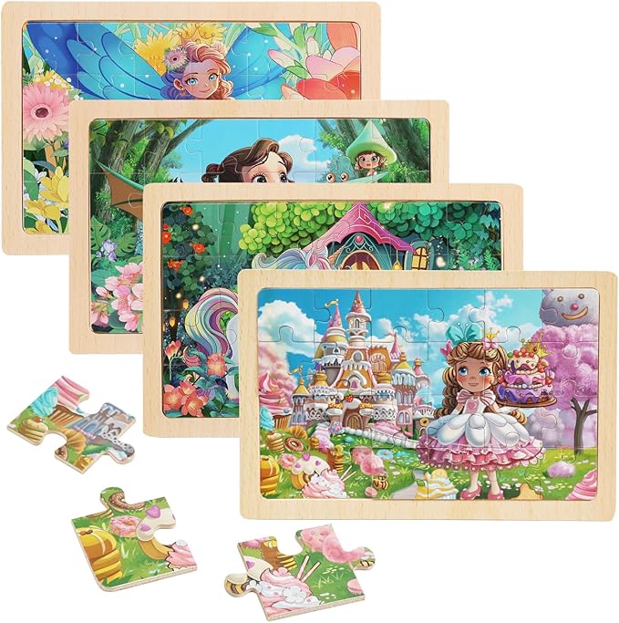 4 Sets of Wooden Puzzles, Each Set has 24 Pieces, Including Castle Unicorn Princess, for Toddlers 3-5, Puzzles for Kids Ages 4-6, Preschool Educational Brain Teaser Toys for Girls 3 4 5 6 Years Old.
