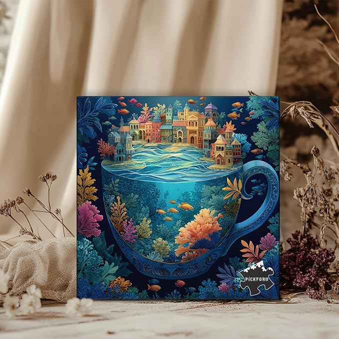 PICKFORU Ocean City for Adults 1000 Pieces, Colorful Fantasy Cup Jigsaw Puzzles Coral Fish, Difficult Challenging Sea Landscape Theme as House Decor