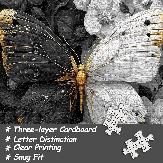 Yin Yang Butterfly Puzzle for Adults 1000 Pieces, Black and White Wings Flower Animal Puzzle, Beautiful Butterfly Among Floral Jigsaw Puzzle, Impossible Difficult Hard Challenge for Adults
