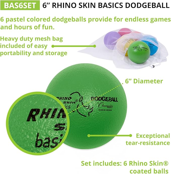 Champion Sports Rhino Skin Dodgeball Set – 6 Soft Foam Balls with Durable Coating, 6" or 7" for Gym, Playground Play