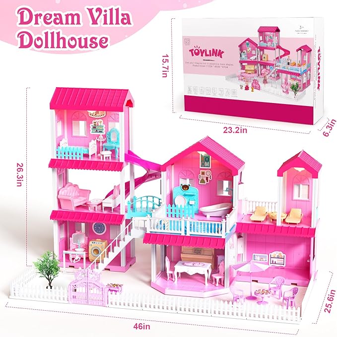 Toylink Pink Doll House for Girls, 3-Story Villa Playset with Light, 3 Dolls, Pool & Slide, Dollhouse Furniture and Accessories, Pretend Play Toddler Toys Birthday Gifts for Kids 3 4 5 6 7 8