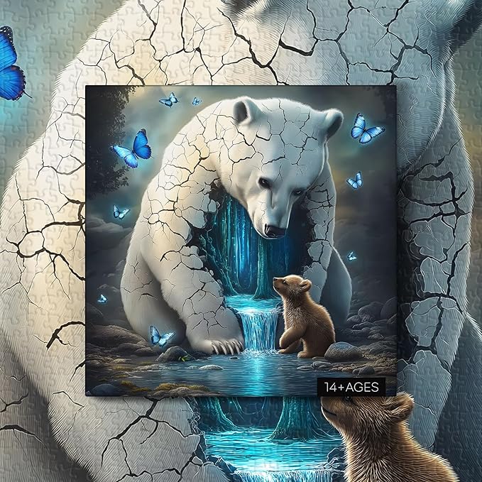 Animal Bear Puzzles for Adults 1000 Pieces, Fantasy Bears Butterfly Waterfall Jigsaw Puzzles, Nature Forest Wildlife Puzzle as Home Decor