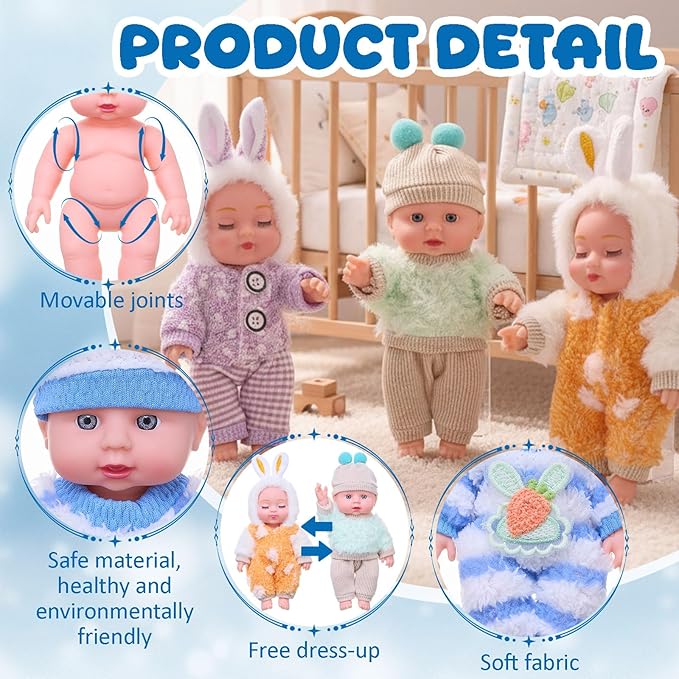 Halloscume 7 Inch Mini Baby Mini Reborn Doll Vinyl Full Body Lifelike Dolls Baby with Weighted Cloth Reborn Gift Set for Kids, Gifts for Christmas Kids(4 Pcs,Winter)