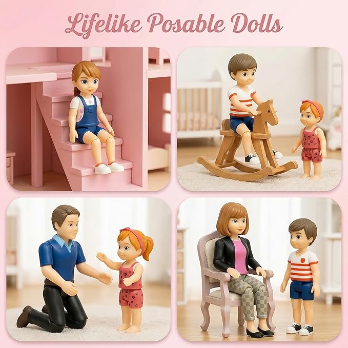 Family Dollhouse People - Bendable Doll House People Figures - 5 Poseable Action Figures Incl. Mom, Dad, Sister, Brother, & Toddler - Small Dolls for Doll-house Designed to Fit Standard Dollhouses