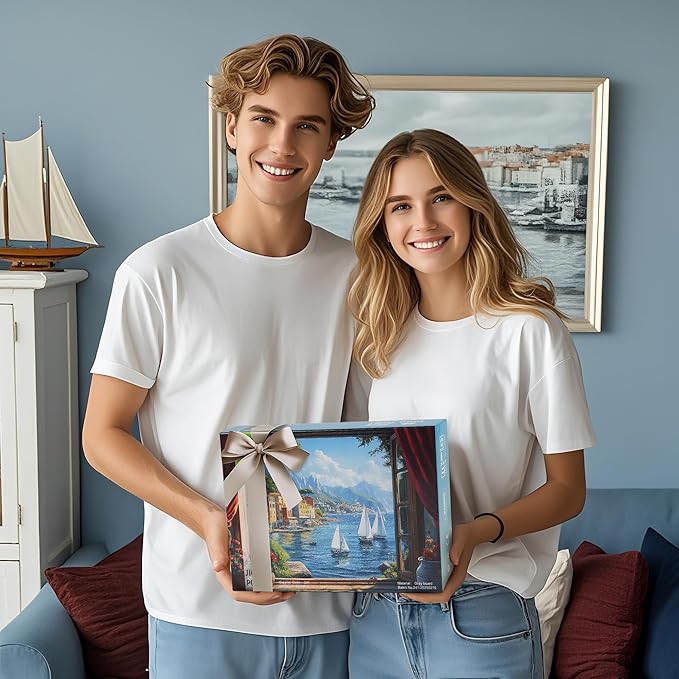 Puzzles for Adults 1000 Pieces, Italy Ocean Coast Seaside Village Window View, 1000 Piece Puzzle for Adults Seniors, Jigsaw Puzzles with Letters on Back,Fun Gifts Decor 1:1 Poster