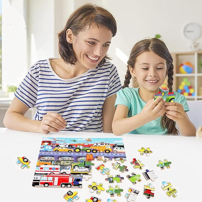 LELEMON 60 Pieces Puzzles for Kids Ages 4-8 Traffic Jam Puzzle for Boys Girls Transportation Vehicles Children Learning Educational Puzzles Portable Box Pack Toys