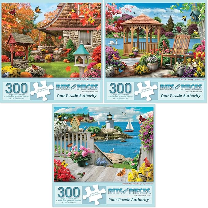 Bits and Pieces – Value Set of Three 300 Piece Jigsaw Puzzles for Adults – Autumn Well Wishes, Seacost Serenity, Floral Fantasy Jigsaw Puzzles by Artist Alan Giana, Completed Puzzle Size: 18" x 24"