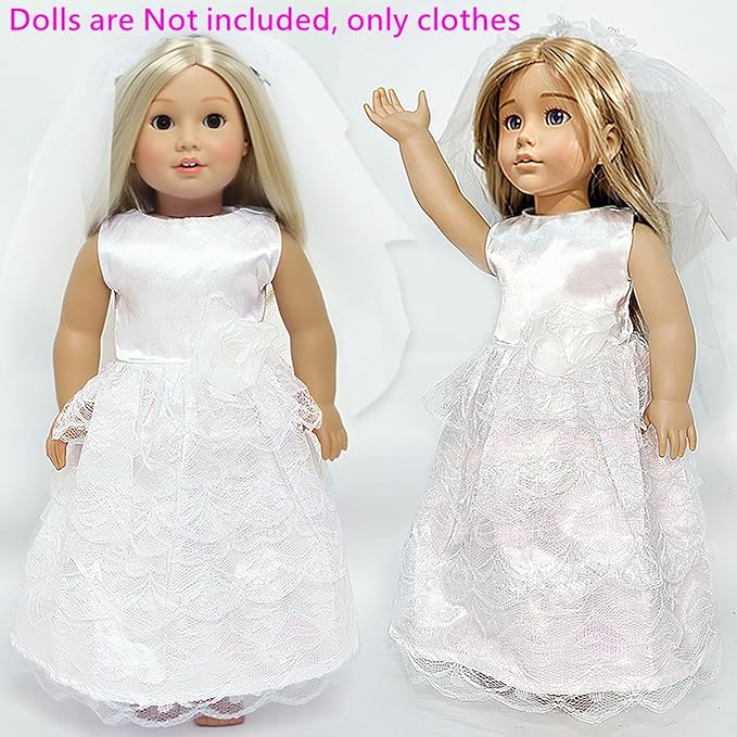 18 Inch Doll Wedding Dress Fashion Set, Bride Doll Wedding Gown with Veil for American 18 Inch Girl Doll Clothes Ball Party
