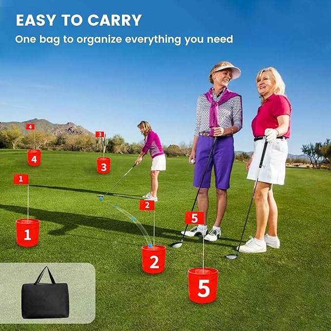 Golf Bucket Yard Game 6-Hole Set with 2 Clubs, Portable Outdoor Yard Game for Family and Adults, Golf Chipping Practice for Lawn, Beach, Camping, Park