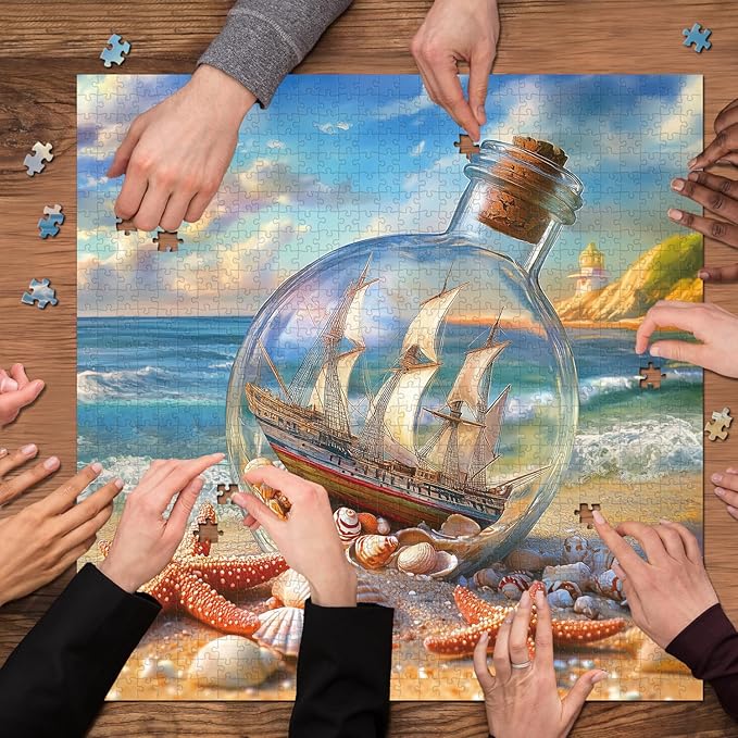 Beach Puzzles for Adults 1000 Pieces, Seashells Jar Sailboat Art Jigsaw Puzzles, Summer Ocean Starfish Puzzle as Home Wall Art