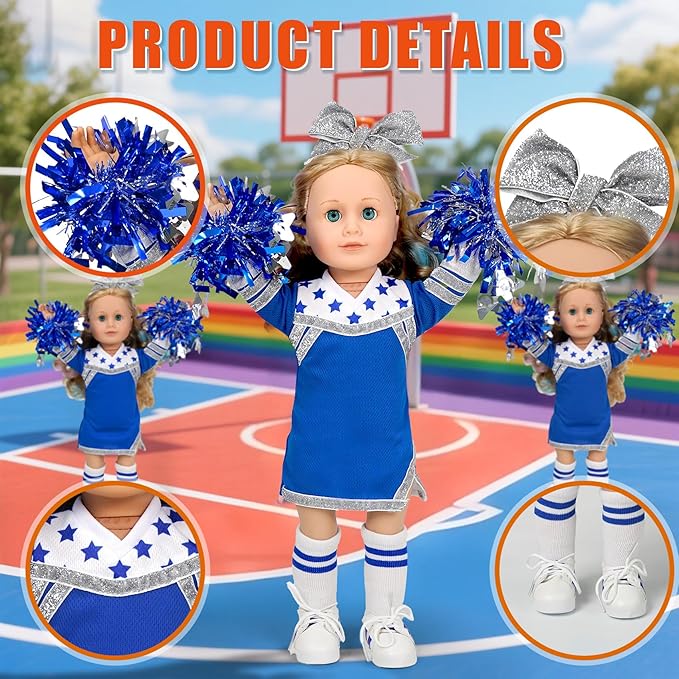 ARTST Cheer Uniform Doll Outfit-18 inch Doll Clothes & Accessories Set-Clothing Pom Poms,Shoes,Socks and Hairbow,Valentine's Sport Gifts for Girls Age 6+(NO Doll)