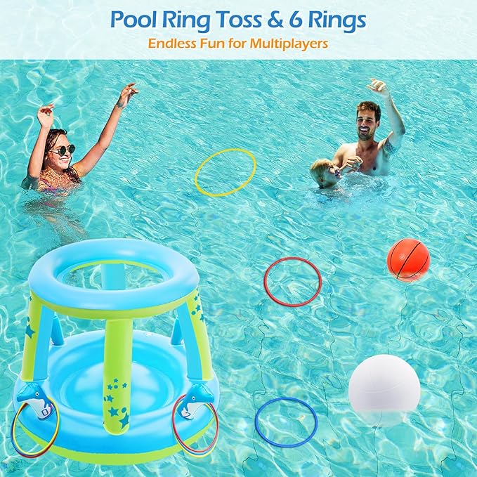 Jasonwell Pool Toys Games Set - 3 in 1 Pool Volleyball Net Basketball Hoop Ring Toss Game Inflatable Floats Water Floating Volleyball Swimming Pools Games Party Gift for Kids Adults (Blue&Yellow, XL)