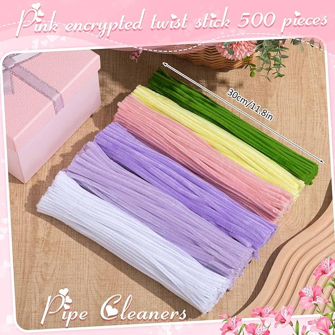 Peryiter 500 Pieces Pipe Cleaners Chenille Stems for Flowers Craft Supplies Bulk Fluffy Fuzzy Sticks for DIY Art Projects Creative Gift Wrapping Party Decorations(Pink & Purple Flower,12 Inch)