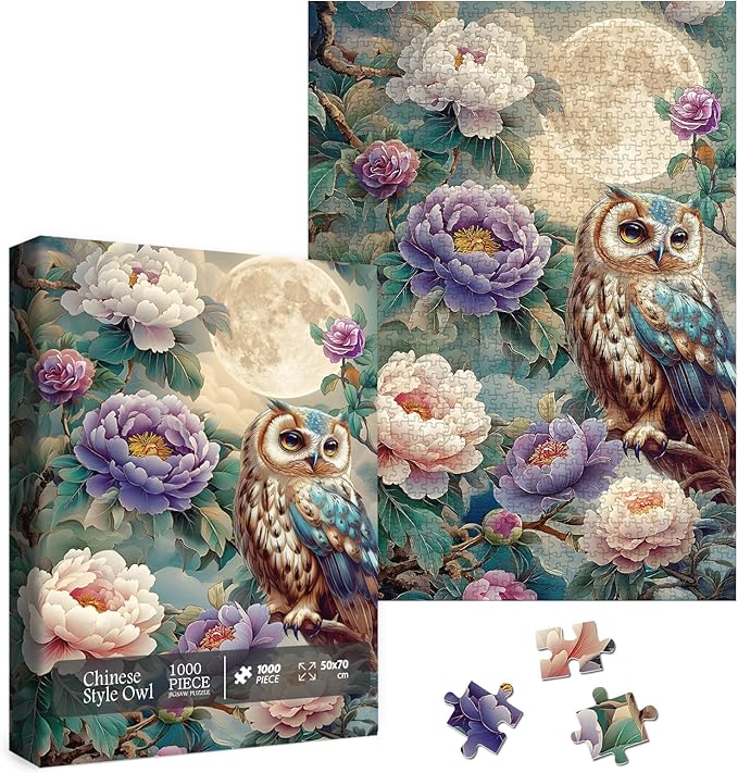 Vintage Owl Puzzles for Adults 1000 Pieces, Pretty Flower Bird Nature Plant Jigsaw Puzzles, Art Beautiful Animal Moon Floral Peony Puzzle