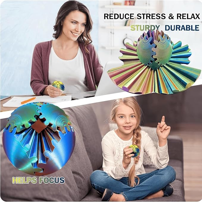 Gear Ball 3D Printed Spin Ball Cube Fidget Toys, Gear Sphere Fidget Toy, GearSphere Desk Toy Stress Fidget Balls, Fidgets Spinners for Adults & Kids Anxiety Relaxing (Laser Blue Gold, 3.1 Inch)