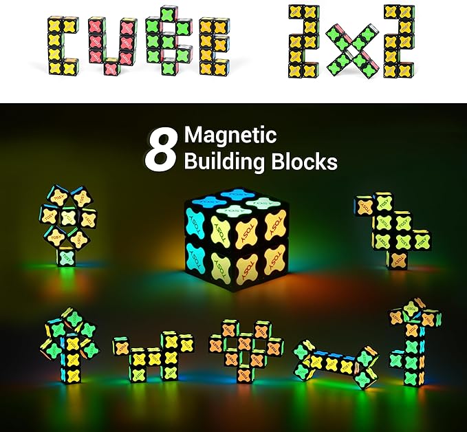 TOSY Magnet Cube 2x2 - 8 Blocks, 2in1 Toy: 2x2x2 Puzzle Cube and Customizable Infinity Cube, Easter Basket Stuffers Gifts for Kids/Grandkids, Glowing with UV Flashlight, Sensory/STEM Toy