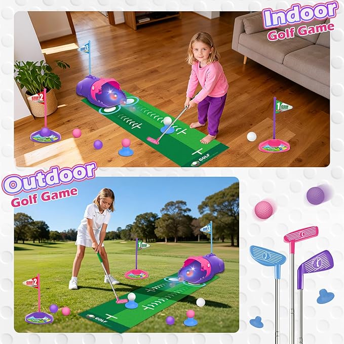 Kids Toy Golf Set with Dinosaur Automatic Golf Returner, Led Light Up Night Golf Balls, 3 Clubs, Putting Mat, 3-8 Toddler Mini Golf Games, Indoor Outdoor Sports Toys for Boys Girls 3+ (Pink)