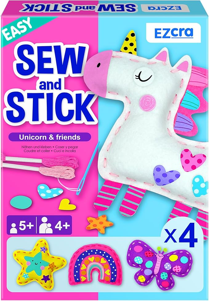 EZCRA Unicorn Sewing Kit for Kids Ages 4-8, 4 Easy Projects, No-Mess Learn-to-Sew Arts & Crafts with Felt Stickers for Beginners