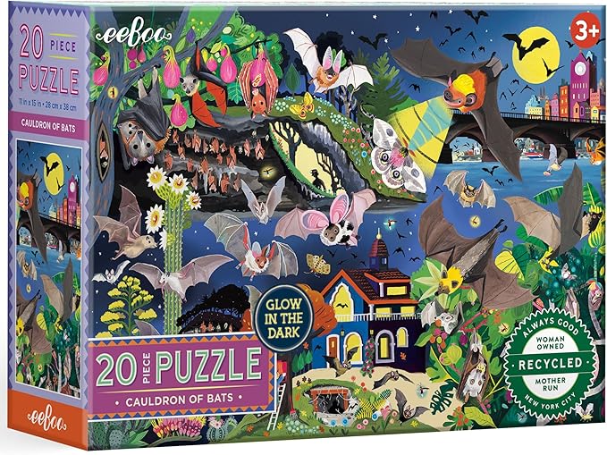 eeBoo 20 Piece Jigsaw Puzzle - Love of Bats Children's Puzzle Glow in Dark Bats Themed, Large Pieces for Small Hands to Develop Motor Skills