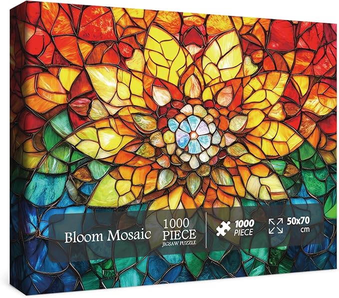 Colorful Flower Puzzles for Adults 1000 Pieces, Beautiful Stained Glass Sunflower Art Jigsaw Puzzles, Gradient Floral Challenging Puzzle