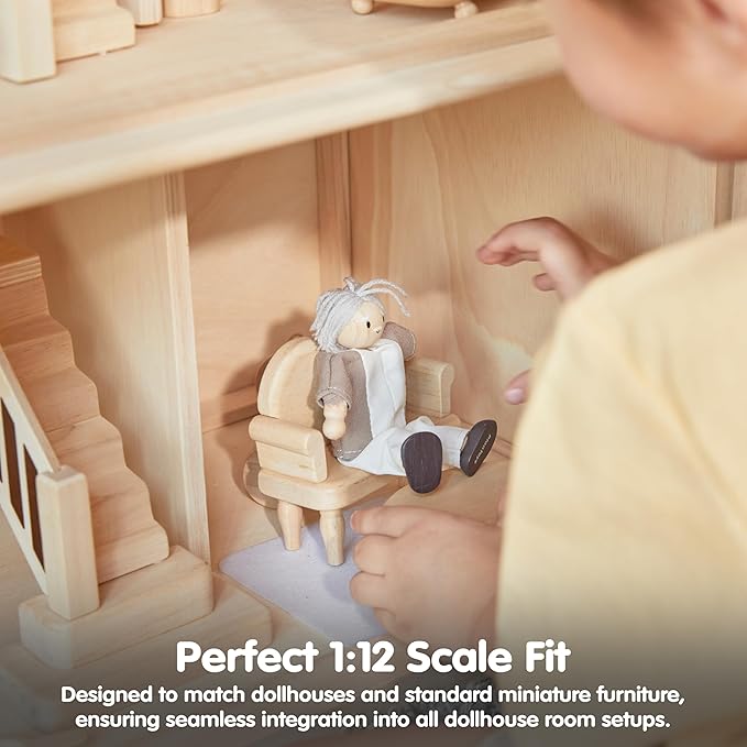 PlanToys® Grandfather Wooden Dollhouse Figurine | Poseable 1:12 Scale Mini Doll (Fair Skin Tone, 5 Inch) | Dollhouse Accessories for Pretend Play | Eco-Friendly Montessori Toy for Kids Ages 3+
