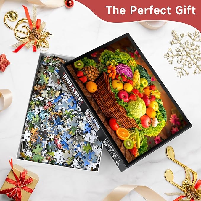 Vibrant Harvest Fruit & Vegetable Basket 1000 Piece Puzzle for Adults - Fresh Produce Art, Farm Scene, Poster & Lettered Back, 28"x20" HD, Gift for Food & Nature Lovers