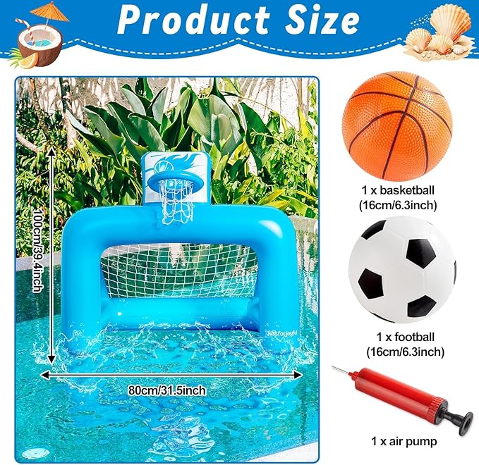 40in Pool Basketball Pool Game Set Inflatable Water Soccer Polo Game 2-in-1 Poolside Floating Summer Swimming Sports Toy for Kids Teens Includes 2 Balls and Pump for Beach Yard Indoor Outdoor