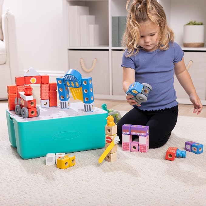Melissa & Doug Blockables™ Deluxe City Snap and Play, Mix and Match Connectable Wooden Building Blocks Set with Storage Bin and Play Lid (122 Pcs) Ages 2 to 7- FSC Certified