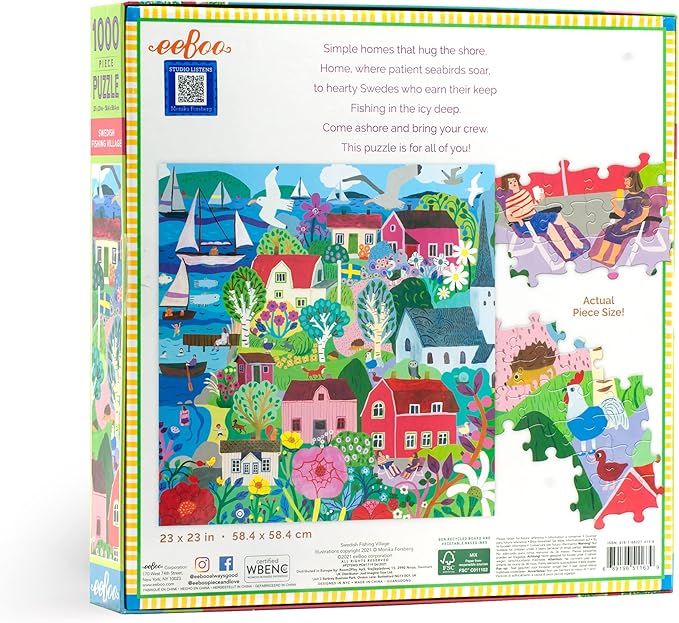 eeBoo 1000 Piece Puzzle - Swedish Fishing Village Jigsaw Puzzle for Adults, Square 23" x 23" Made with Recycled Board & Vegetable-Based Ink