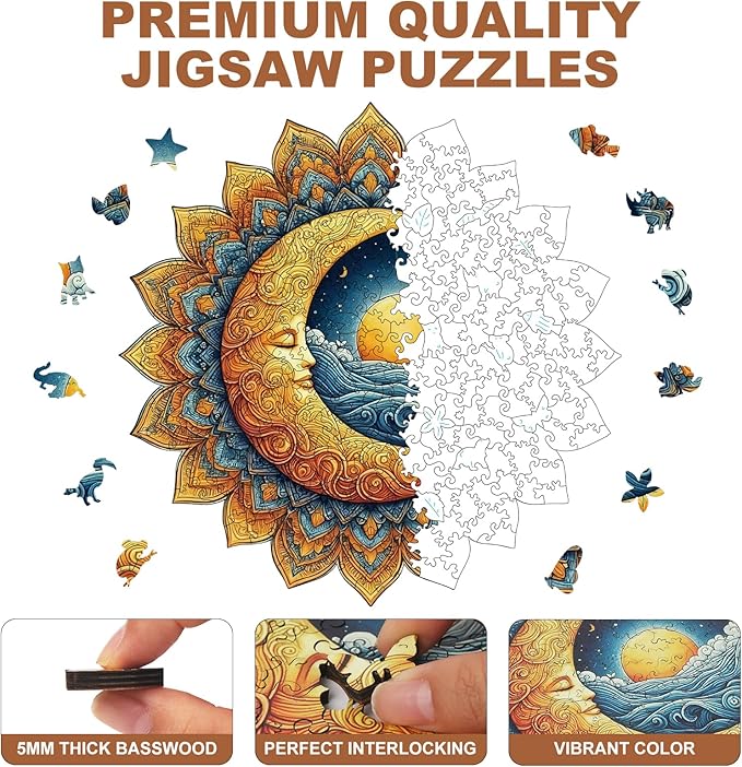 300 Pieces Sun and Moon Wooden Puzzles for Adults, Moon Unique Shaped Wooden Jigsaw Puzzles for Adults, Irregular Adult Wood Puzzle Creative Gift for Family Game