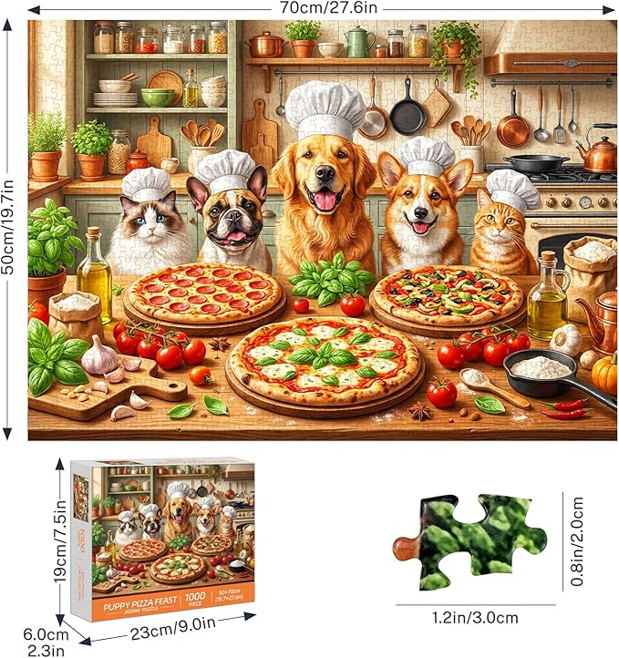 Funny Dog Jigsaw Puzzles for Adults 1000 Pieces, Puppy Pizza Feast 1000 Piece Puzzle for Adults, Fun Hard Difficult Challenging Jigsaw Puzzles 1000 Pieces Family Game Gift