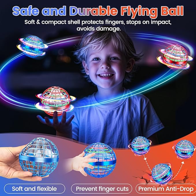 Flying Orb Ball Toy, 2026 Upgrade Hand Controlled Hover Ball with LED Lights, 360° Rotating Boomerang Globe, Cool Mini Drone, Ideal Birthday&Christmas Gift for Boys Girls-Blue & Red