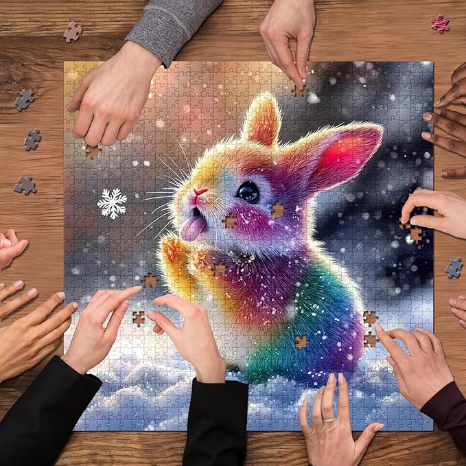 PICKFORU Snowy Hued Rabbit Jigsaw Puzzles 1000 Pieces,Colorful Cute Snow Rabbit Puzzles for Adults,Unique Nature Animal Puzzle as Home Decor