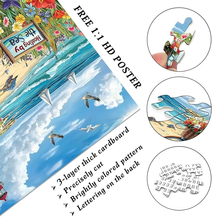 PICKFORU Beach Puzzles for Adults 1000 Pieces, Coastal Lighthouse Puzzle with Flowers Bike Sea Turtle, Nature Summer Ocean Jigsaw Puzzles, Seaside Scenery Challenge for Adults
