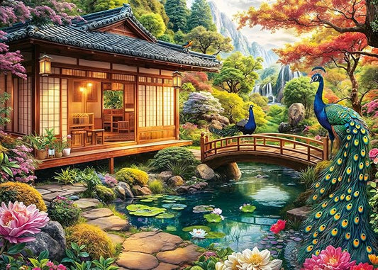 1000 Piece Puzzles for Adults - Traditional Japanese Retreat - Jigsaw Puzzles for Adults and Kids 1000 Piece Educational Games Colorful Puzzles-Exquisite Japanese Garden with Peacocks