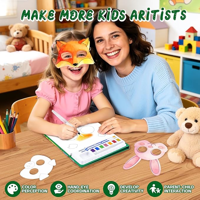 Animal Masks Paint with Water Coloring Books for Kids, 24 Pcs Paper Mache Masks Half Face, Jungle Zoo Animals Cartoon Masks, Mess Free Watercolor Painting Kit Painting Activity for Kids Ages 3-5 4-8 for Birthday Party Halloween Gifts