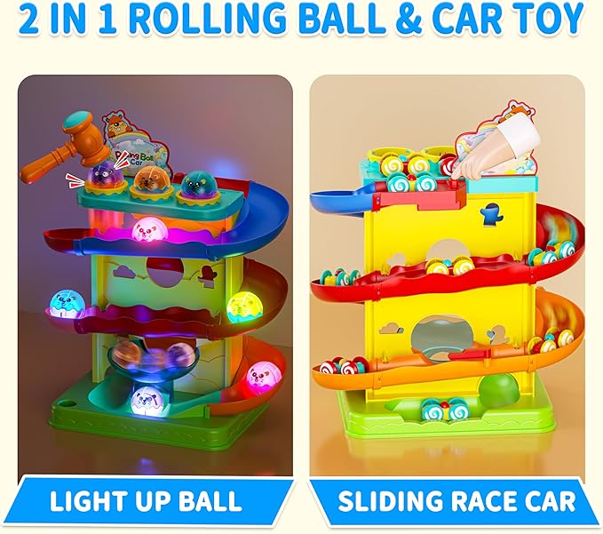 Funwee 2-in-1 Rolling Ball & Racing Car Ramp Toy for Toddlers, Race Track Hammer Lights Ball Drop, Interactive Montessori Learning Game Birthday Gift Idea for Kids 1 2 3 4 5+Year Old Girl Boy(Yellow)