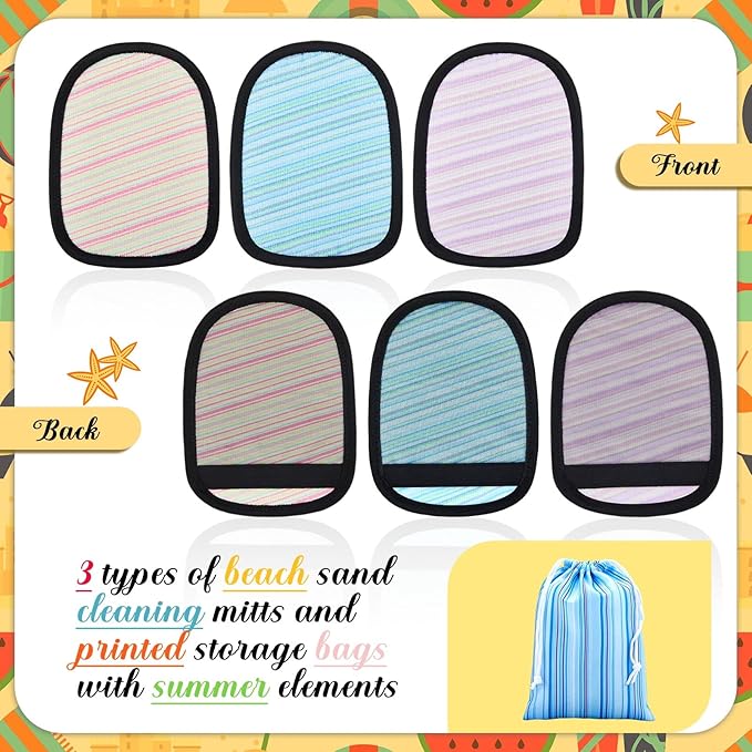 Skyley 3 Pcs Beach Sand Remover Sand Eraser Wipe Mitts with Portable Drawstring Bag Family Friendly, 2026 Summer Beach Vacation Essentials Hawaii Honeymoon Accessories European Bahamas Trip 3 Colors