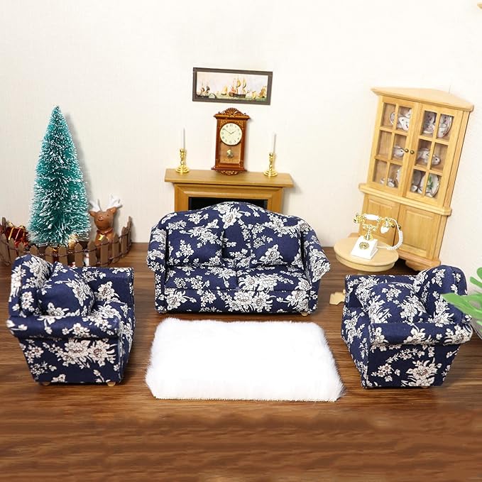 Dollhouse Couch Miniature Sofa with Pillows Dollhouse Living Room Funiture 1:12 Scale Model 3 Pcs High Simulation Upholstered Wooden Fabric Armchair Mini Room Artificial House Scene Decoration (Blue)
