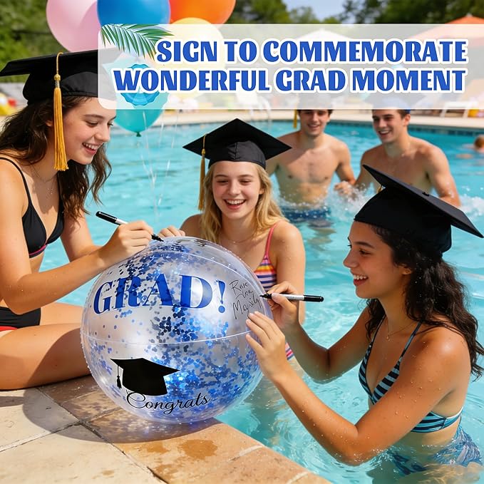 Forwe Graduation Inflatable Beach Balls, 16 Inc Confetti Glitter Beach Pool Ball Blow up Balloon Toys for Class of 2026 Swimming Pool Graduation Party Decorations