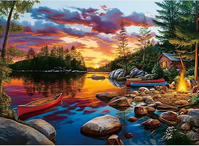 500 Pieces Puzzle for Adults, Sunset Lake Cabin Puzzle, Nature Landscape Boat Jigsaw Puzzles 500 Piece for Teens Adults Seniors, Fun Challenging Family Game Birthday Party Gift 20.5 * 15in