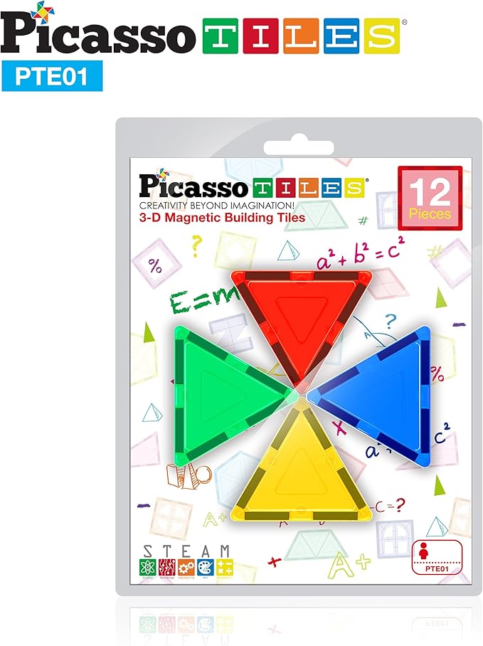 PicassoTiles Magnetic Tiles Equilateral Triangle Magnet Tile Building Set STEM Educational Construction Blocks for Kids Toddlers Boys Girls Age 3 Plus Pretend Play Learning Toy Stacking Kit PTE01