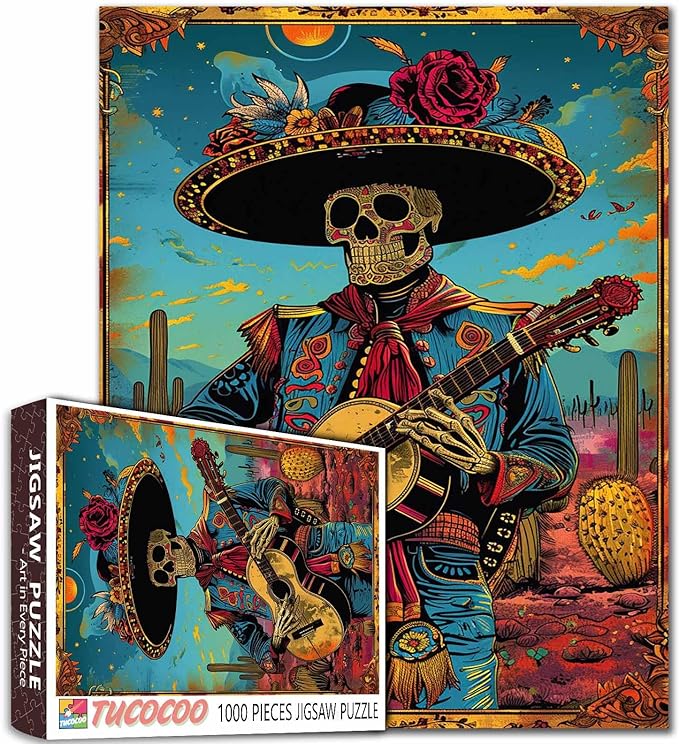 Halloween Skull Play Guiter Puzzles for Adult 1000 Piece Men Skeleton Day of The Dead Art Puzzles for Challenging Family Activity Game Colorful DIY Puzzle Musical Instrument Wall Decor Gifts