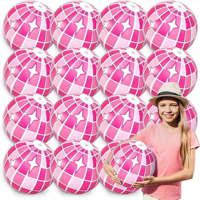 Whaline 16Pcs Disco Inflatable Beach Ball 16'' Pink Pool PVC Balls Cute Game Toys for Summer Beach Disco Party Decor