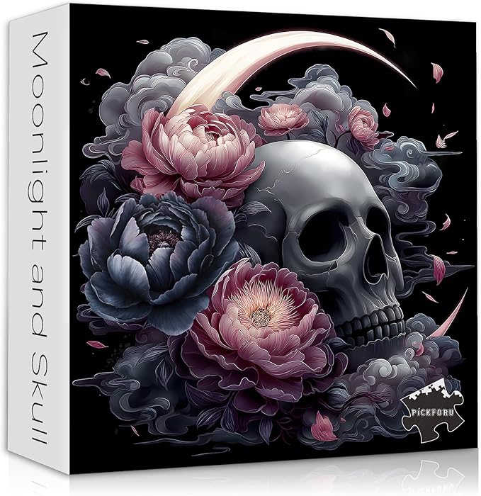 Skull Puzzle for Adults 1000 Pieces, Vintage Flower Puzzle Horror Skeleton, Black Art Floral Moon Challenge Jigsaw Puzzle