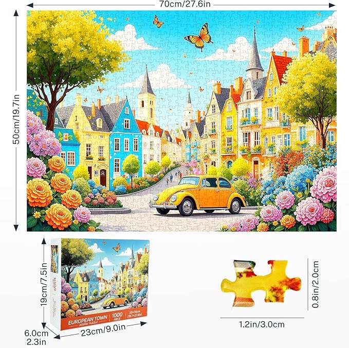 European Town Landscape Jigsaw Puzzles for Adults 1000 Pieces, City Street Scene 1000 Piece Puzzle for Adults, Hard Impossible Difficult Jigsaw Puzzles 1000 Pieces for Home Decor (27.6"x19.7")